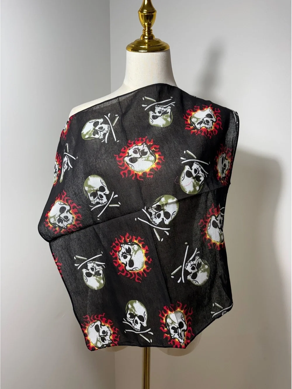 Black Cotton Bandana with Flaming Skull and Crossbones Pattern